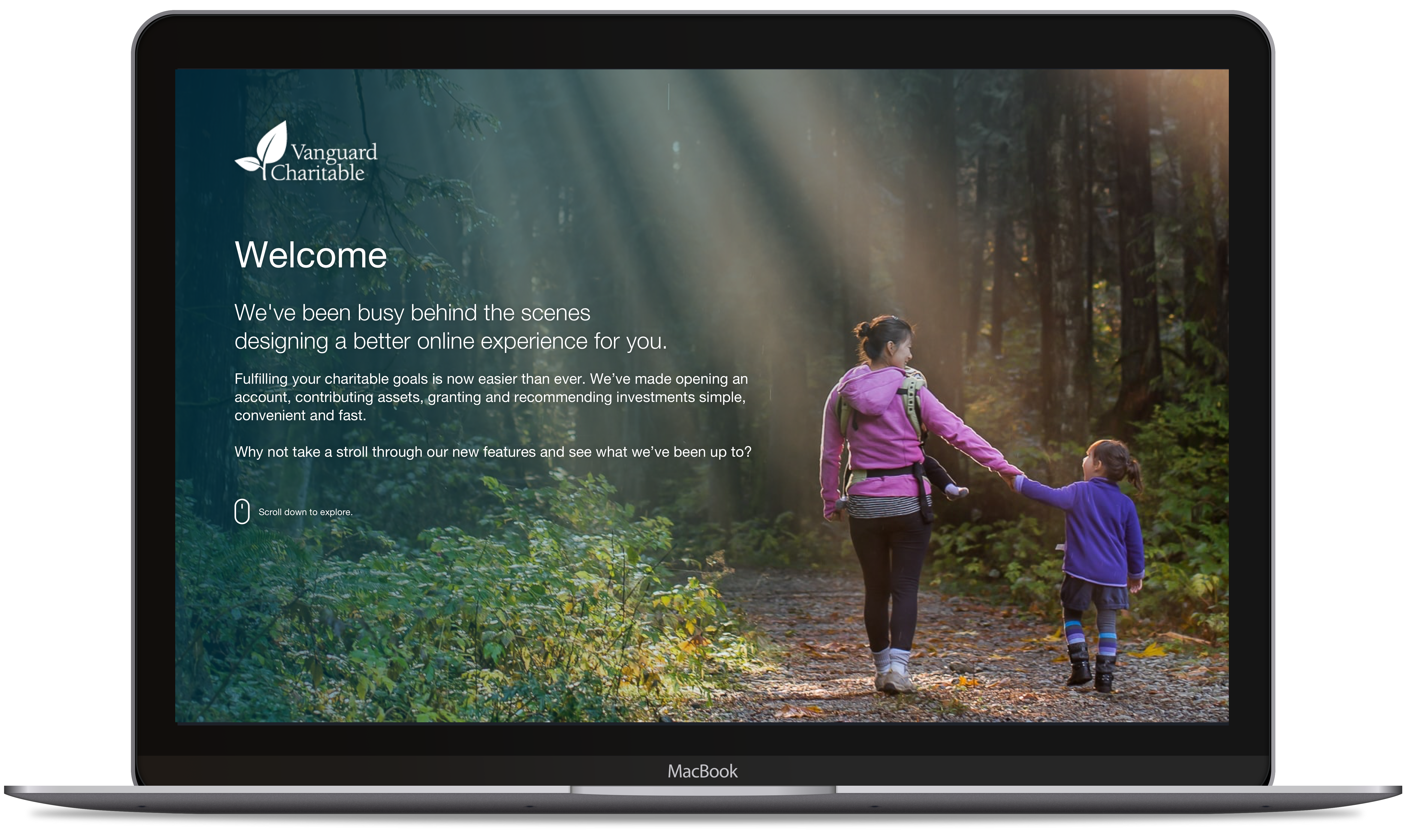 Laptop opened to display a page from the new Vanguard Charitable welcome screen
